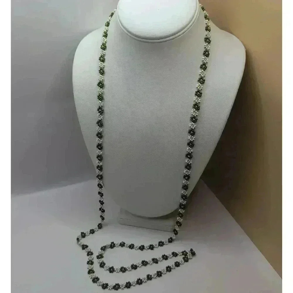 High End Handmade Green White Cream Sead Bead Floral Beaded Necklace